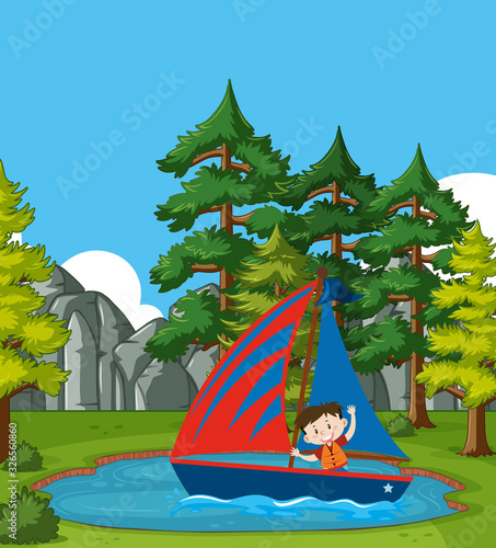 Background scene with little boy sailing in the park