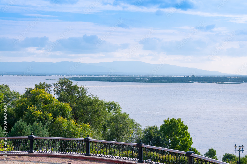 Bank of the Amur river from the observation deck of the city of Khabarovsk in summer