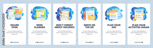 Orginizer and task management app. Planner, note taking, to do list manager. Mobile app onboarding screens. Menu vector banner template for website and mobile development. Web site design illustration
