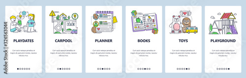 Kids playground activity, children book, toys, preschool and kindergarten schedule. Mobile app onboarding screens. Vector banner template for website mobile development. Web site design illustration