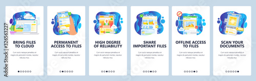 Cloud storage and files sharing app. Offline access, storage technology, hosting service. Mobile app onboarding screens. Vector banner template for website mobile development. Web site illustration