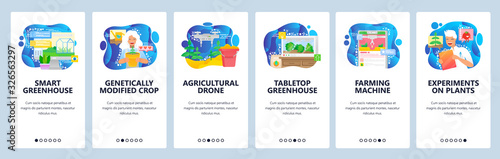 Smart greenhouse farm and remote control by mobile phone. GM crops, agriculture drone, tabletop greenhouse. App screens. Vector template for website mobile development. Web site design illustration