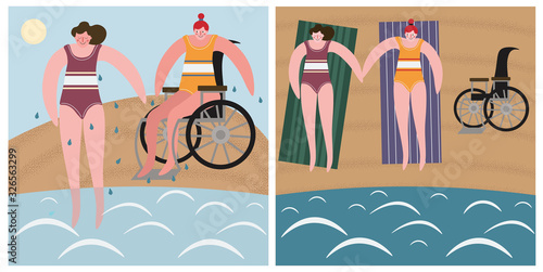 Set of summer vector illustrations with girls on the beach about equality of people