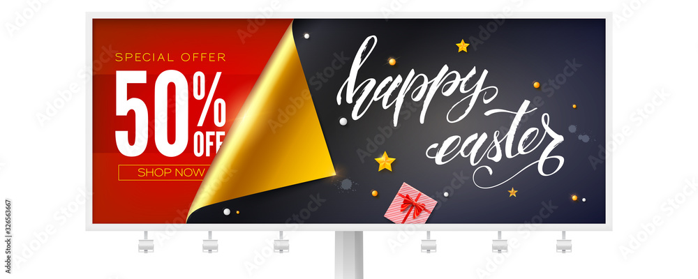 Sale 50 percent discount for happy Easter holidays. Billboard decorated golden curved corner of paper, holidays toys and hand written text. Vector 3d illustration