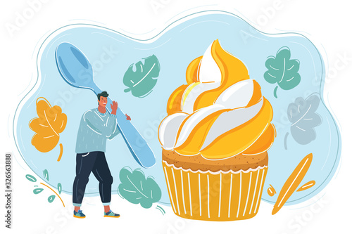 Man with big spoon going to eat big cupcake.
