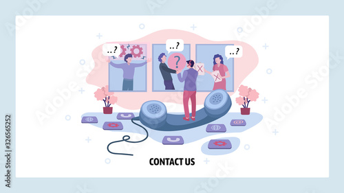 Technical customer support call center. Hotline operator chat with clients and solve problems. Company contact us concept. Vector web site design template. Landing page website illustration