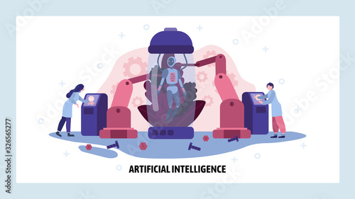 People build robot with artificial intelligence. AI technology future concept. Smart android manufactoring. Vector web site design template. Landing page website illustration