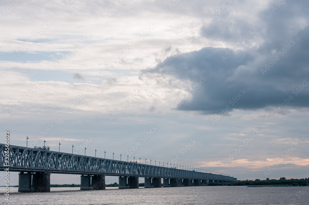 Russia, Khabarovsk, August 2019: Road bridge on the Amur river in the city of Khabarovsk in the summer