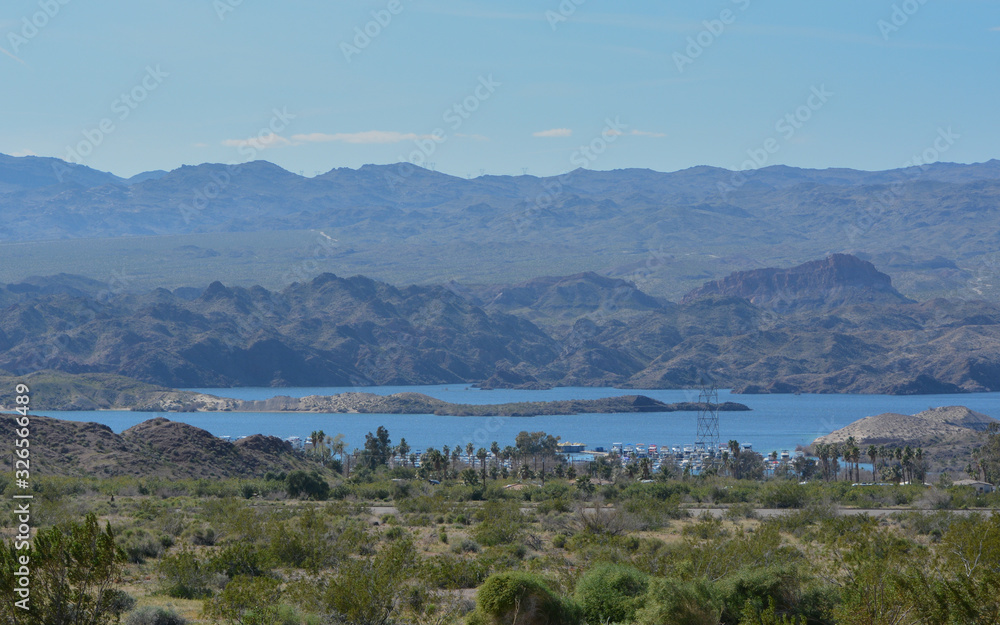 A view of Katherine Landing at the border of Arizona and Nevada on Mohave Lake. Lake Mead National Recreation Area, Mohave County, Arizona USA