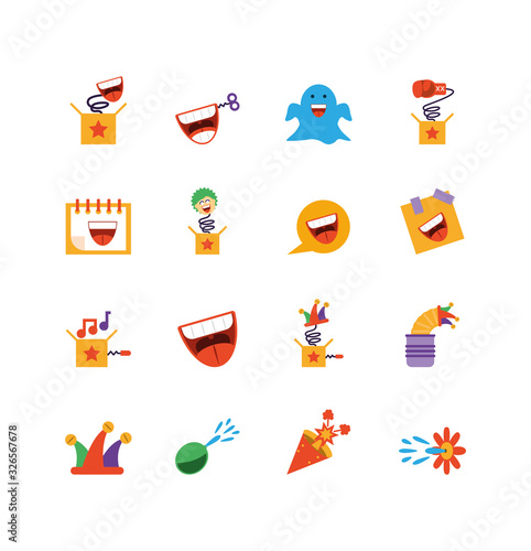 fools day icon set, colorful and flat style design