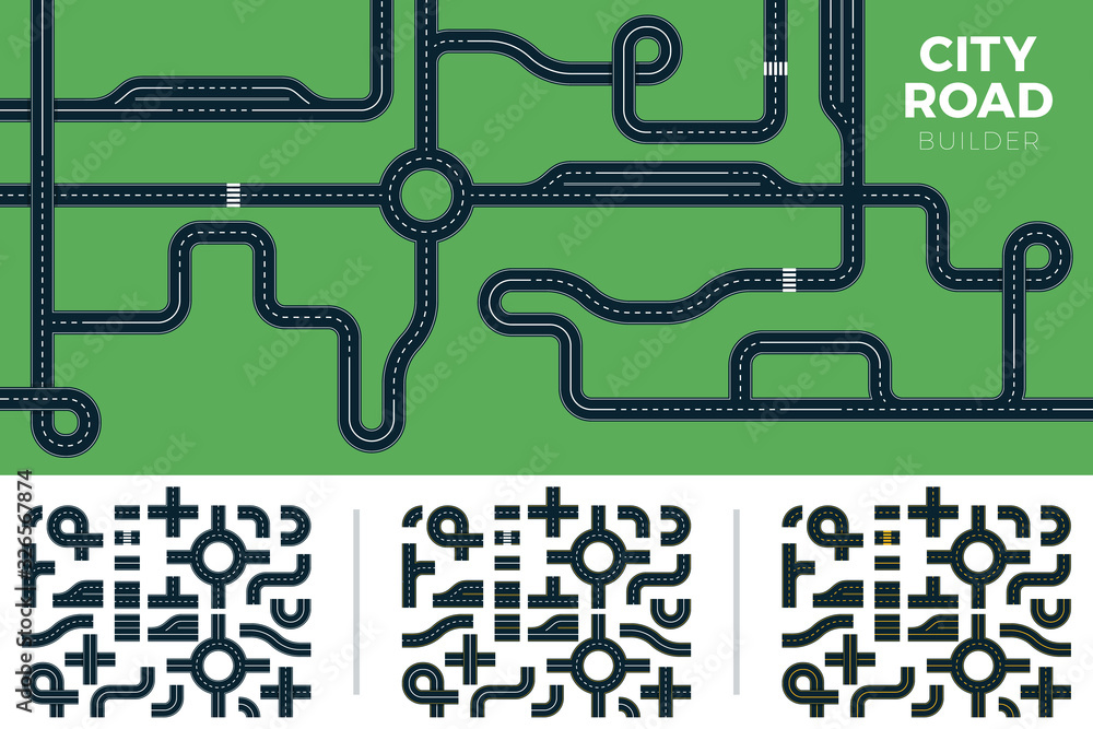 Vetor de Vector set builder of road with crossroads, footpath white and ...