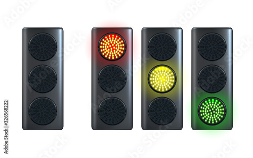 Realistic traffic light template, isolated on white background. Red, yellow, green lights. Go, wait and stop. Vector illustration.