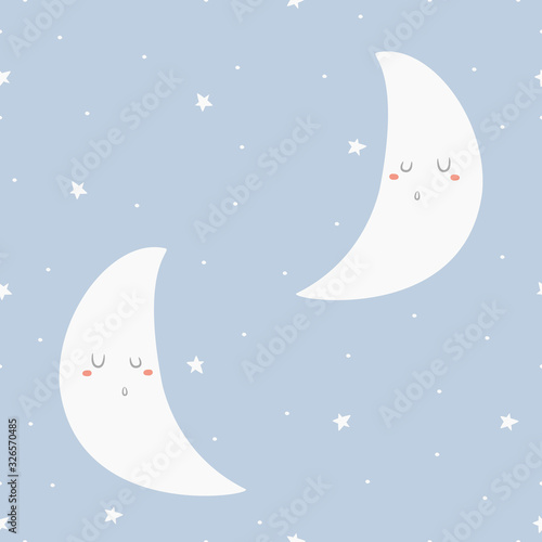 Sleeping moon seamless pattern vector design. Sleeping crescent moon on starry night sky pattern for kids.