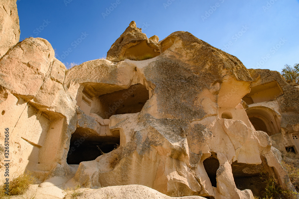 Cave houses carved in stone at Göreme, Cappadocia, Turkey