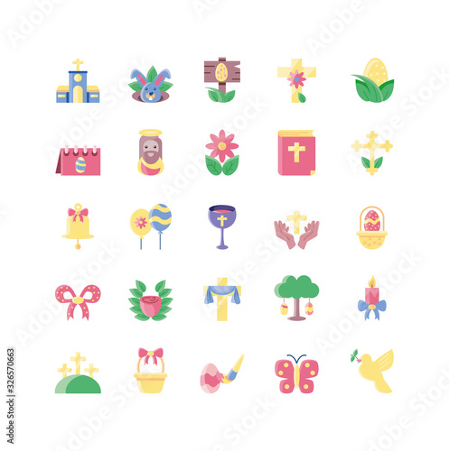 happy easter and cute rabbits icon set, flat style andcolorful design