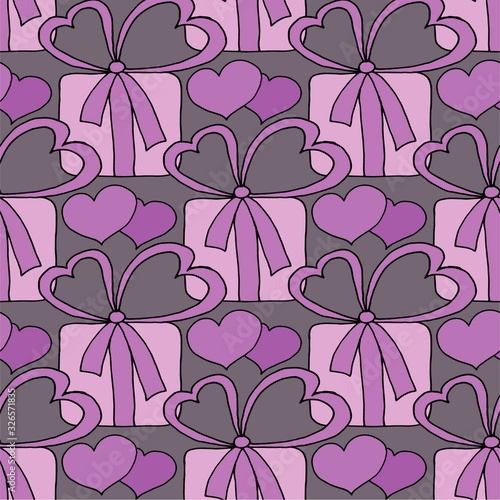 Valentine's day seamless pattern with hearts and gifts. Beautiful abstract pattern with Valentine's day seamless pattern for decorative design. Logo element for wedding illustration. Vintage design.