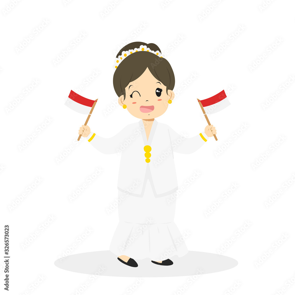 Happy Indonesian girl wearing North Sulawesi traditional dress and holding Indonesian flags in both hands cartoon vector Happy Indonesian girl wearing North Sulawesi traditional dress and holding Indonesian flags in both hands cartoon vector