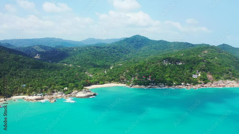 Jungle mountains on the Thailand island. Tropical sandy beach calm turquoise lagoon. Aerial panorama, Koh Pha Ngan Jungle mountains on the Thailand island. Tropical sandy beach calm turquoise lagoon. Aerial panorama, Koh Pha Ngan