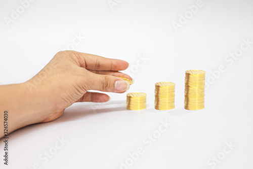 Gold coins isolated on white, A pile of Coins, investment concept, stack of gold, white background, pure gold, Saving, Coin stack growing business. Investment money concept,