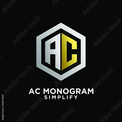 luxury gold silver ac, ca, a c initial monogram hexagon letter logo design with black background