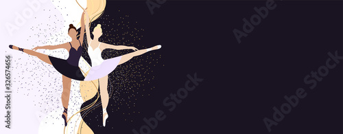 Dance girls in tutu on pointes on white and black background. Ballerina white and black swan. Ballet banner for dance school, courses, shows. Vector graphics with copy space
