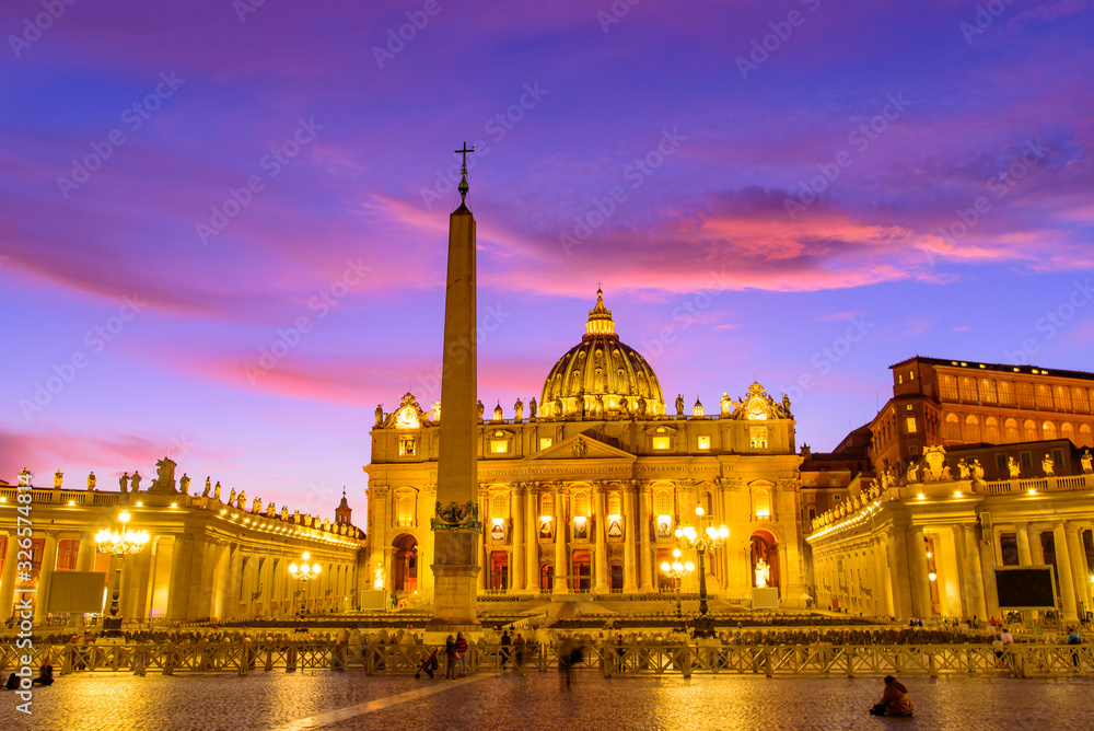 Sunset view of St. Peter's Basilica in Vatican City, the largest church in the world