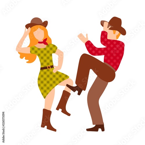 Vector illustration with cowboy and cowgirl dancing country western dance, isolated on white background. Clip art for a poster of a dance competition. Green, red and brown colors, retro couple in flat