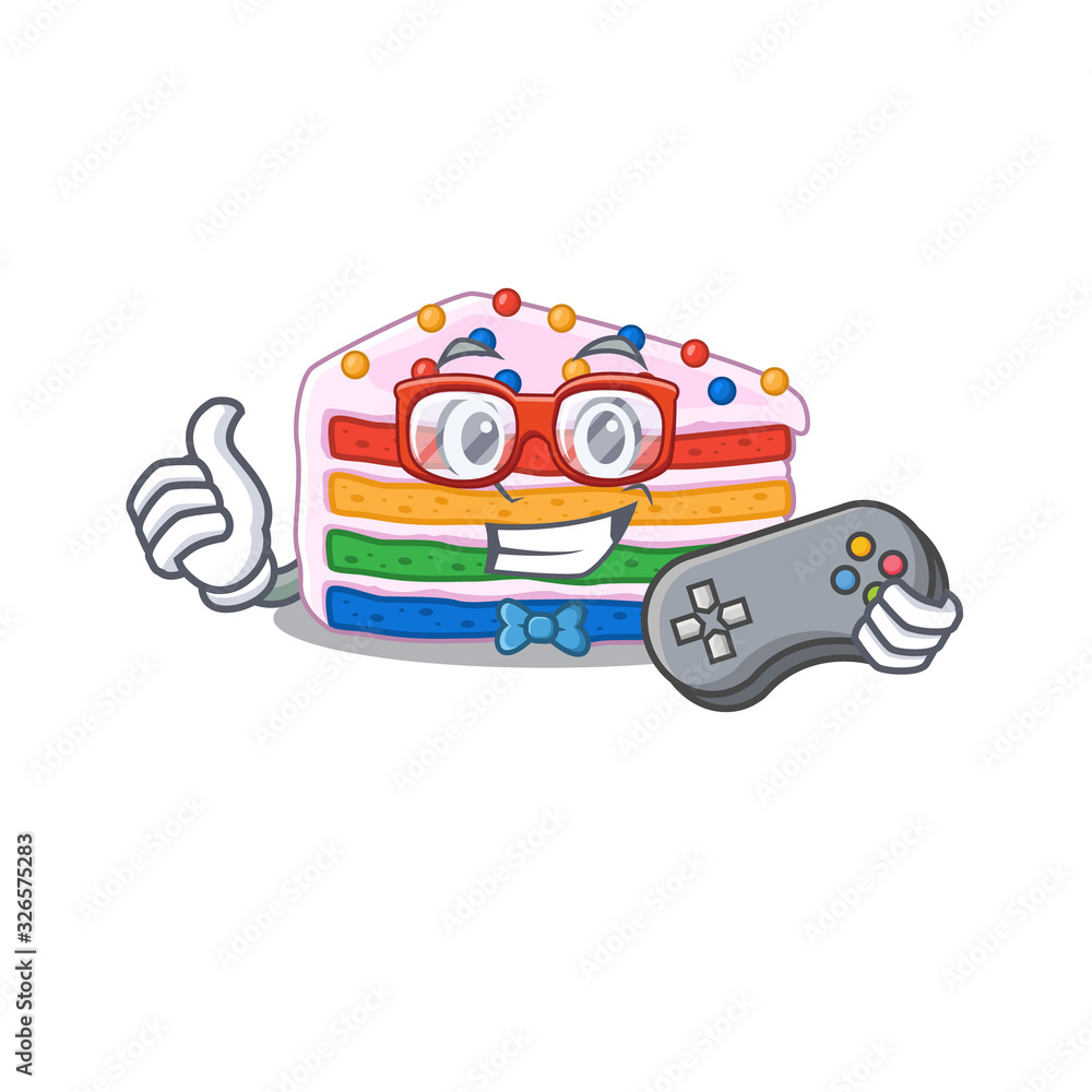 Naklejka premium Smiley gamer rainbow cake cartoon mascot style