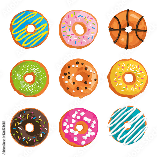 Vector set with bright glazed sweet donuts