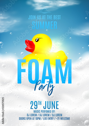 Summer foam party poster template. Vector illustration with soap or shampoo foam and bubbles with yellow rubber duck. Background with realistic clouds. Invitation to nightclub.