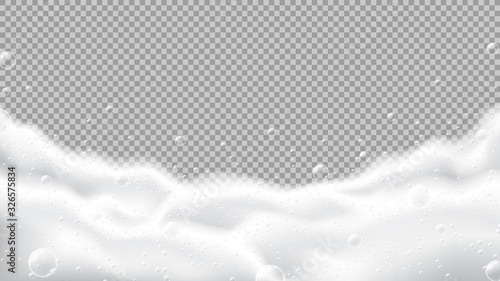 Realistic foam isolated on checkered background. White foam of soap, gel or shampoo with bubbles. Vector illustration.