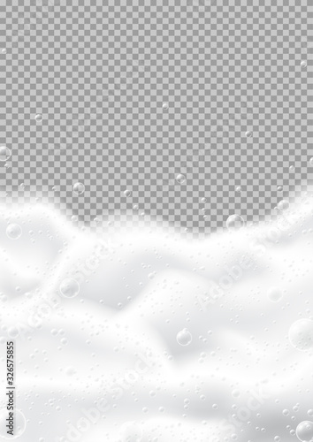 Vector poster with realistic foam isolated on checkered background. White foam of soap, gel or shampoo with bubbles. Vector illustration.