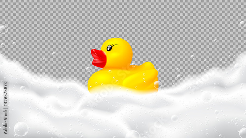Realistic foam and rubber duck isolated on checkered background. White foam of soap, gel or shampoo with bubbles. Vector illustration with yellow bath toy.