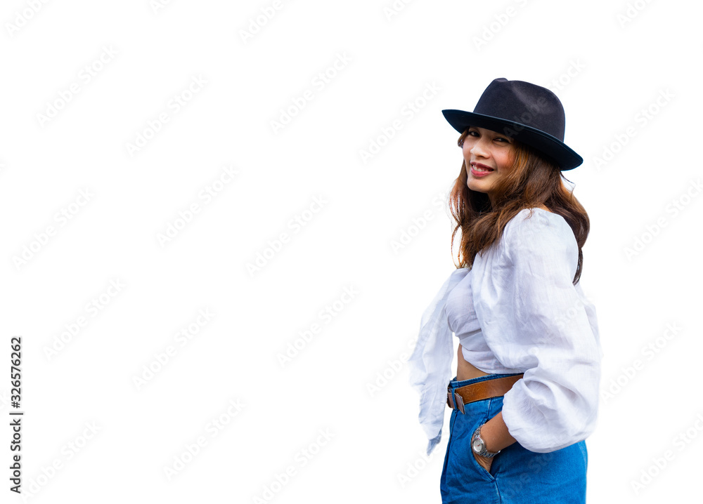 Woman smiling with copy space on isolated white Woman smiling with copy space on isolated white