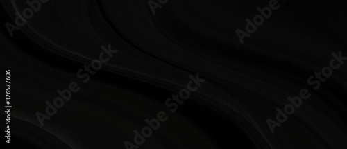 Black gray satin dark fabric texture luxurious shiny that is abstract silk cloth panorama background with patterns soft waves blur beautiful.