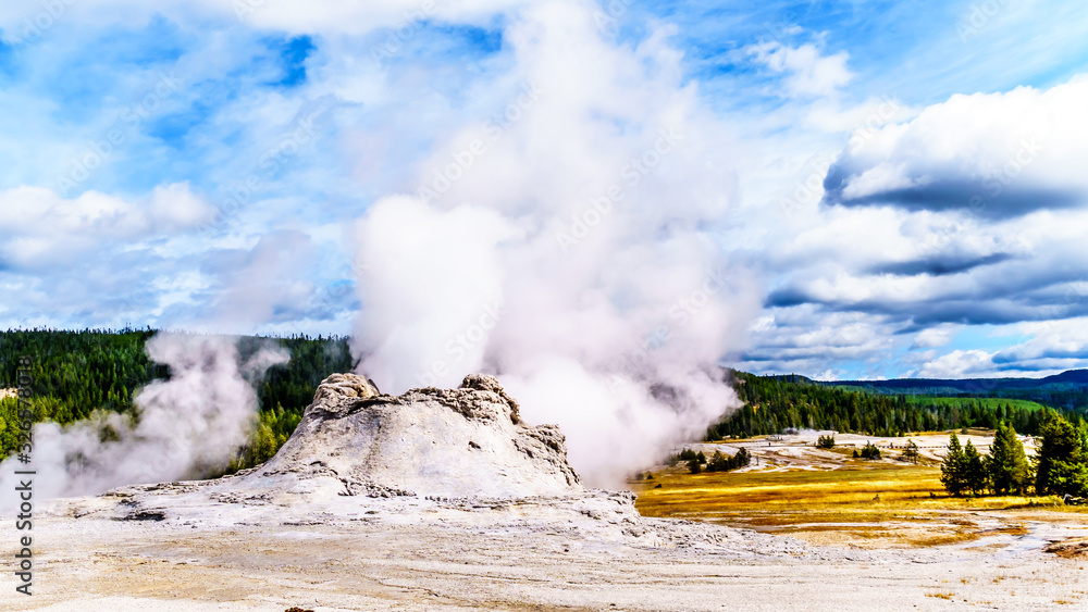 Steam coming out of the Castle Geyser in the Upper Geyser Basin along the Continental Divide Trail in Yellowstone National Park, Wyoming, United States Steam coming out of the Castle Geyser in the Upper Geyser Basin along the Continental Divide Trail in Yellowstone National Park, Wyoming, United States