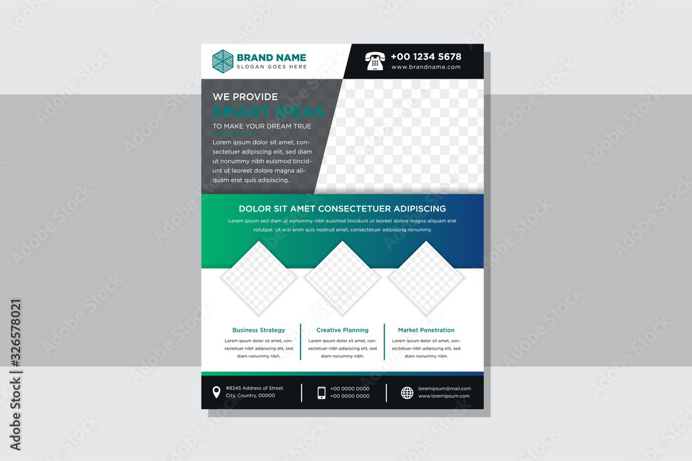 Business brochure, flyer and cover design in vertical layout template with geometric shapes and gradient green to blue backgrounds. rectangle and square space for photo collage. A4 standart size. Business brochure, flyer and cover design in vertical layout template with geometric shapes and gradient green to blue backgrounds. rectangle and square space for photo collage. A4 standart size.