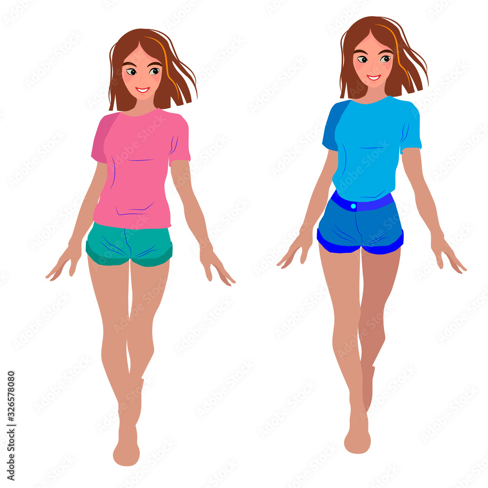 Young girl in a t-shirt and shorts. Brown hair. Cartoon Style vector illustration isolated on white background. Young girl in a t-shirt and shorts. Brown hair. Cartoon Style vector illustration isolated on white background.