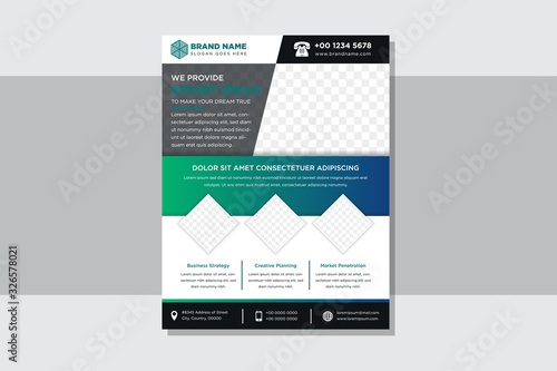 Business brochure, flyer and cover design in vertical layout template with geometric shapes and gradient green to blue backgrounds. rectangle and square space for photo collage. A4 standart size. 