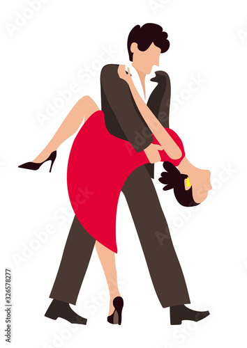 A couple dancing tango together on a white background clipart in isolation. Passionate man overturns a sexy woman. Hand drawn vector graphics in flat style.