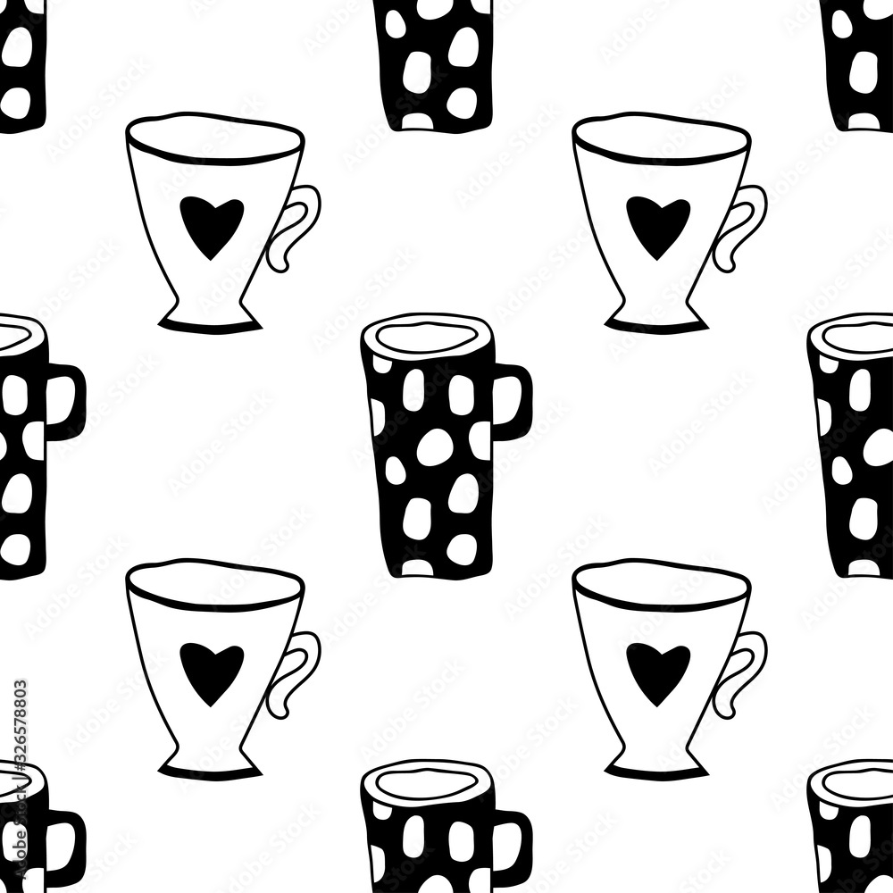 Tea and coffee mugs. Seamless pattern. Black and white illustration for coloring book