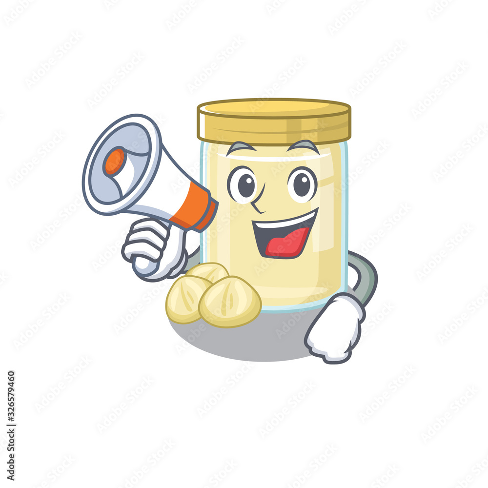 A mascot of macadamia nut butter speaking on a megaphone