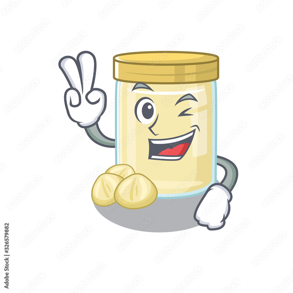 mascot of funny macadamia nut butter cartoon Character with two fingers