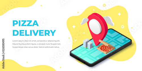 Online fast food delivery service isometric banner. 3d pizza in box, map pointer, buildings, city map on smartphone screen concept. Vector illustration for web site, advert, mobile app