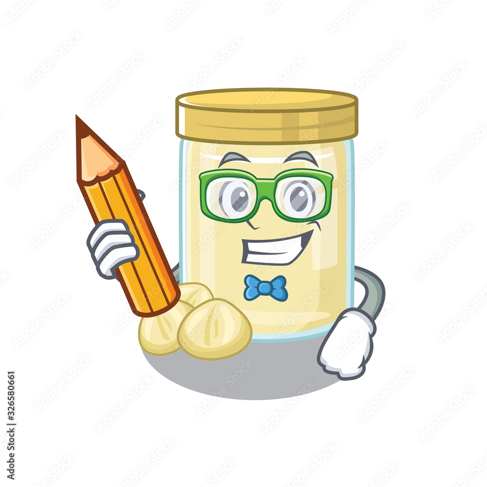 A smart Student macadamia nut butter character holding pencil