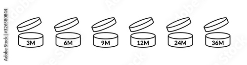 PAO icons. Period after opening. 3, 6, 9, 12, 24 36 months logo. Vector open cosmetic sign photo