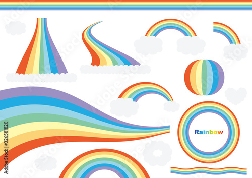 Rainbows in different shape with clouds on the sky. Vector Illustration