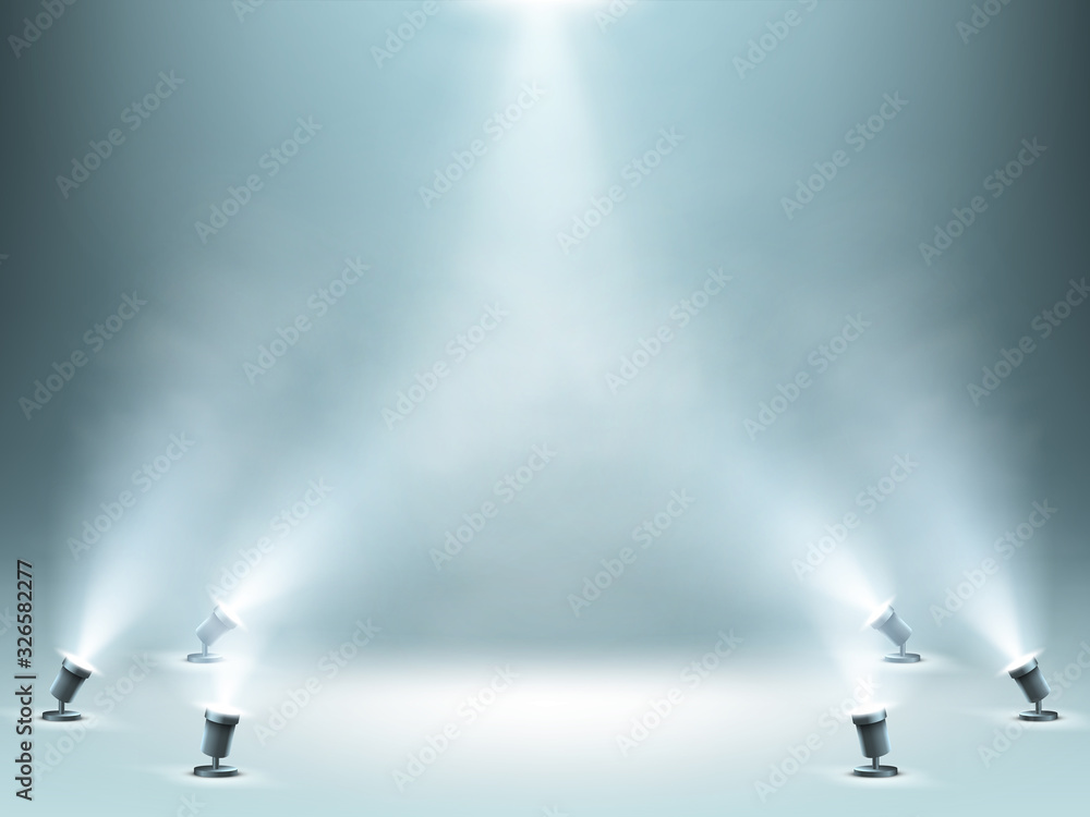 Stage illuminated by spotlights with smoke effect, empty podium or stage for award ceremony, product presentation or fashion show performance, studio theater interior, Realistic 3d vector illustration - obrazy, fototapety, plakaty 