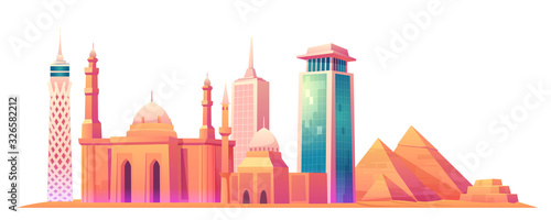 Vector cartoon illustration of Cairo Tower, Giza pyramid complex or Giza Necropolis, Mosque of Muhammad Ali Pasha or Alabaster Mosque, Egypt skyline with world famous landmark buildings