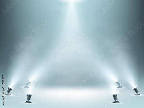 Stage illuminated by spotlights with smoke effect, empty podium or stage for award ceremony, product presentation or fashion show performance, studio theater interior, Realistic 3d vector illustration